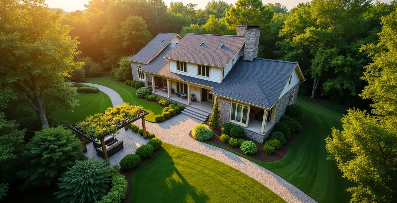 Aménagement paysager stratégique autour d'une maison québécoise avec arbres positionnés pour l'ombrage estival