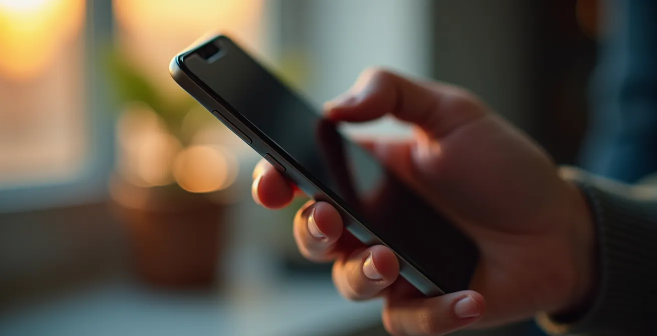 Main tenant un téléphone intelligent avec une interface de contrôle domotique en arrière-plan flou.