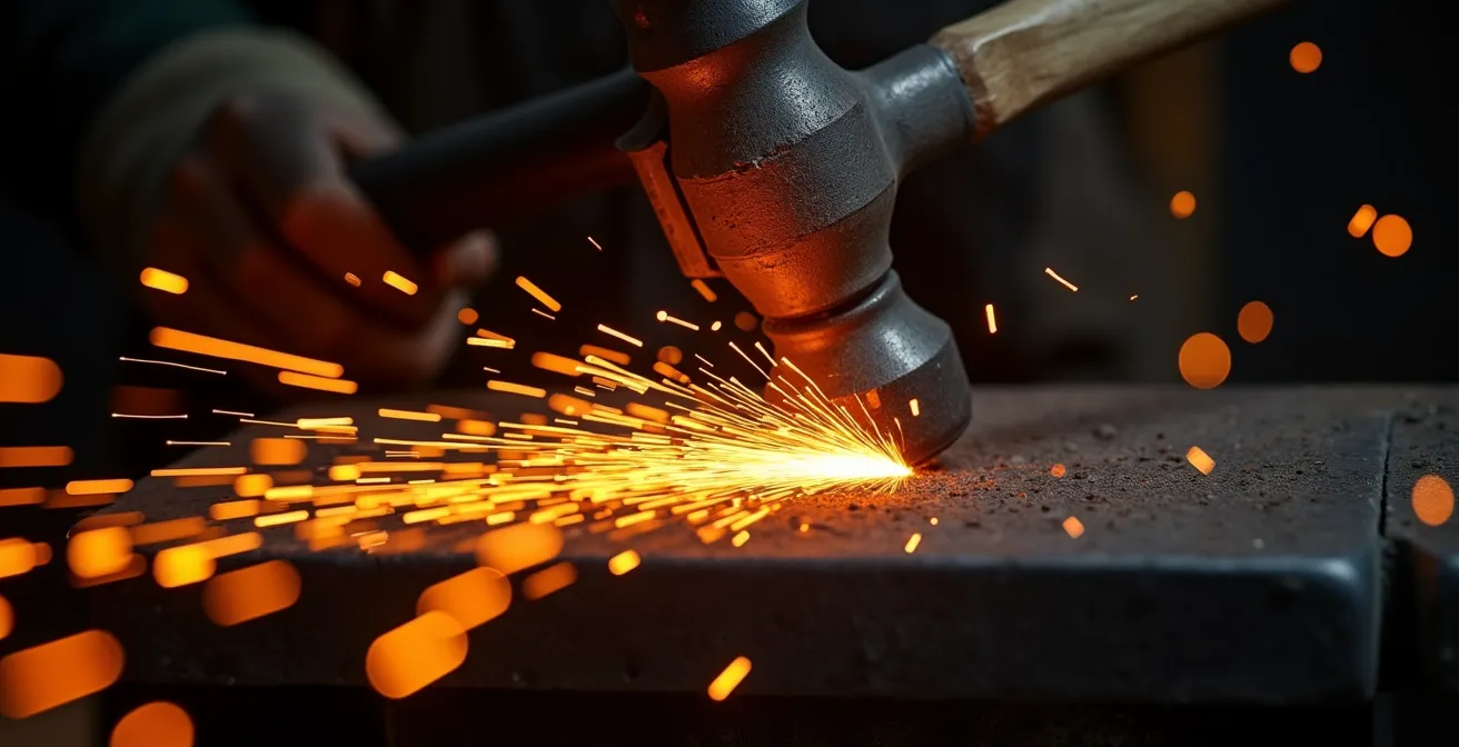 Gros plan macro sur métal incandescent travaillé au marteau avec étincelles figées