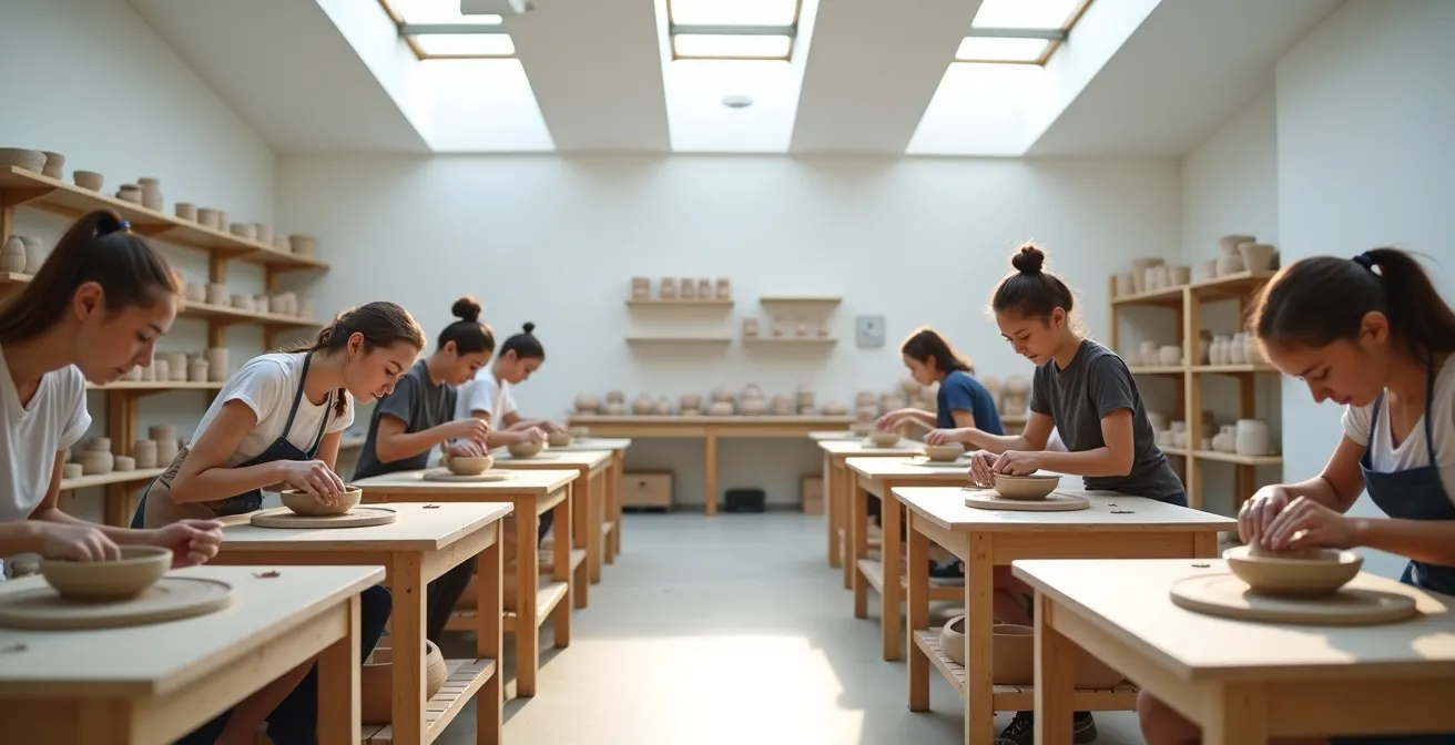 Vue grand angle d'un atelier de céramique avec apprentis concentrés sur leur tour de potier