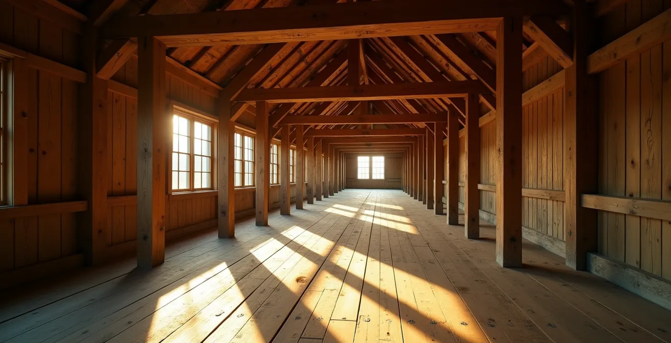 Charpente traditionnelle québécoise en bois massif montrant les assemblages complexes sans clous