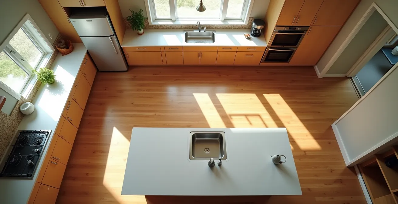 Vue aérienne d'une cuisine québécoise moderne montrant les lignes de circulation optimisées entre les zones de travail