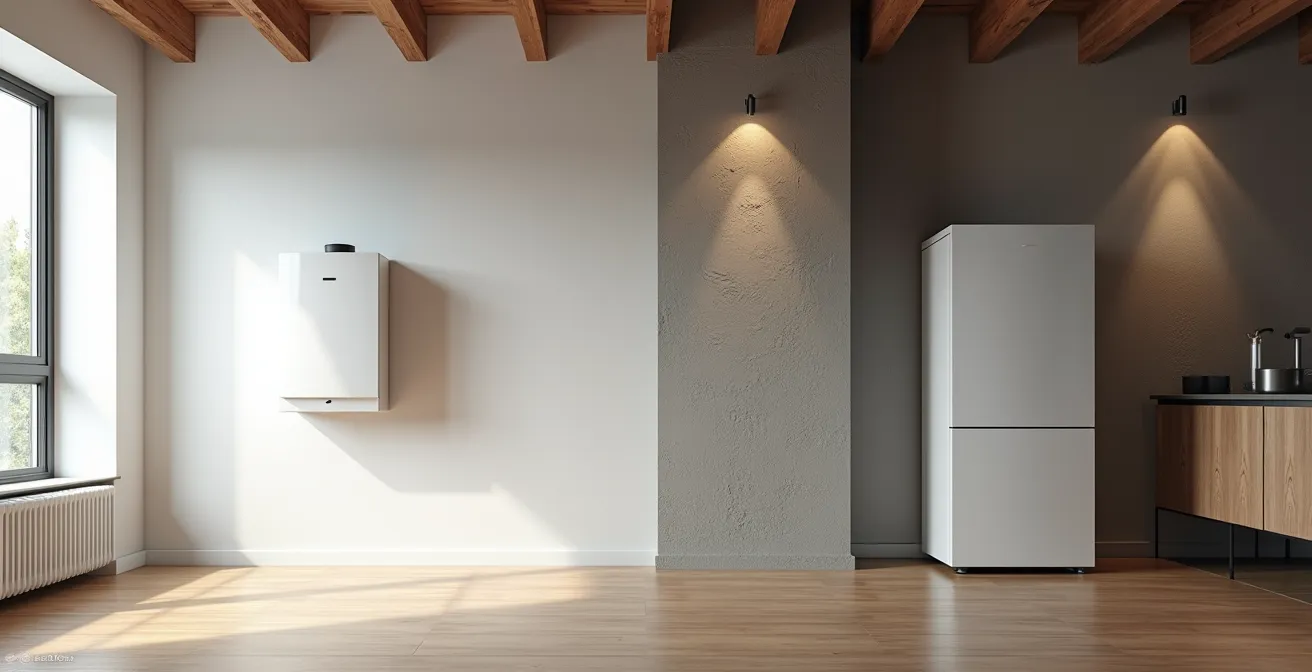 Comparaison visuelle entre chaudière murale compacte et chaudière au sol robuste dans des contextes résidentiels québécois