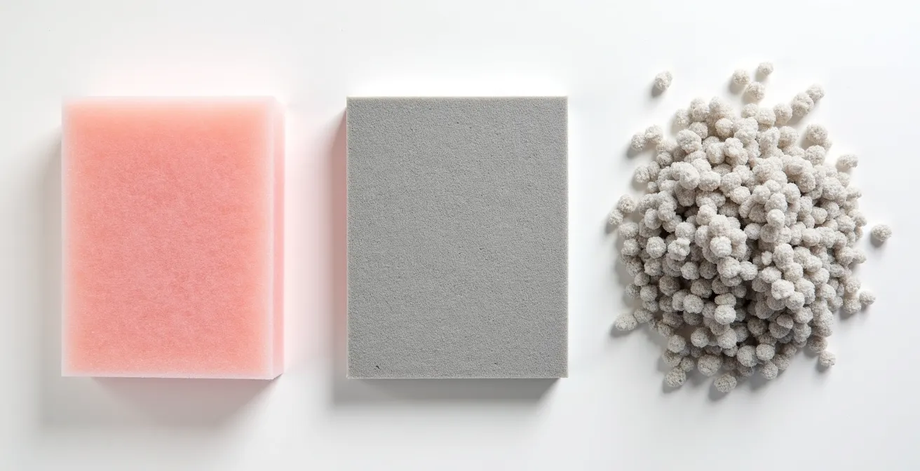 Vue comparative d'échantillons d'isolants : laine de verre rose, laine de roche grise et cellulose recyclée