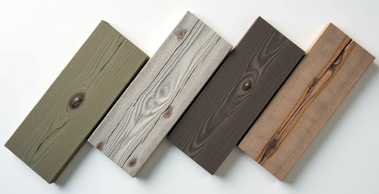 Échantillons de différents matériaux de terrasse côte à côte montrant les textures et couleurs