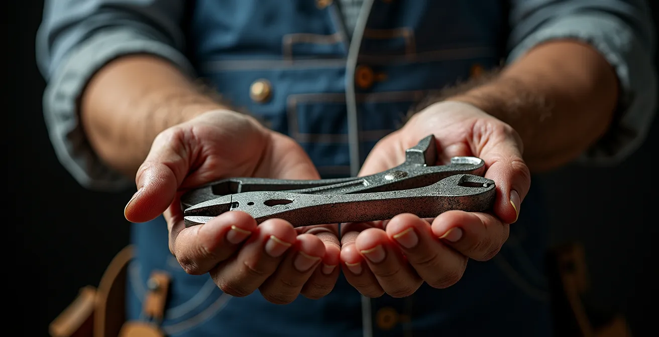 Vue macro détaillée de mains d'artisan tenant différents outils de métiers spécialisés avec textures métalliques et bois naturel