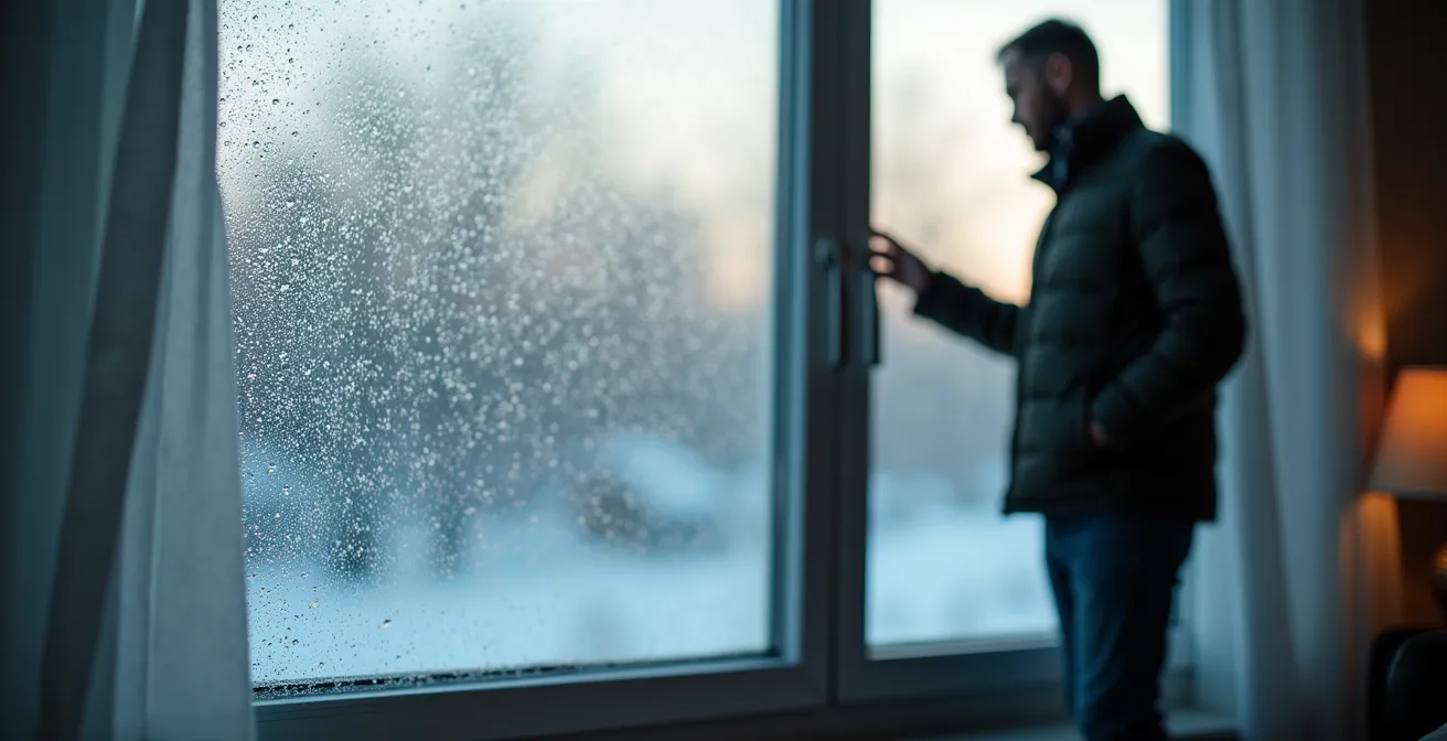 Fenêtre d'une maison québécoise en hiver avec condensation et givre visible dans le bas, révélant un problème de ventilation