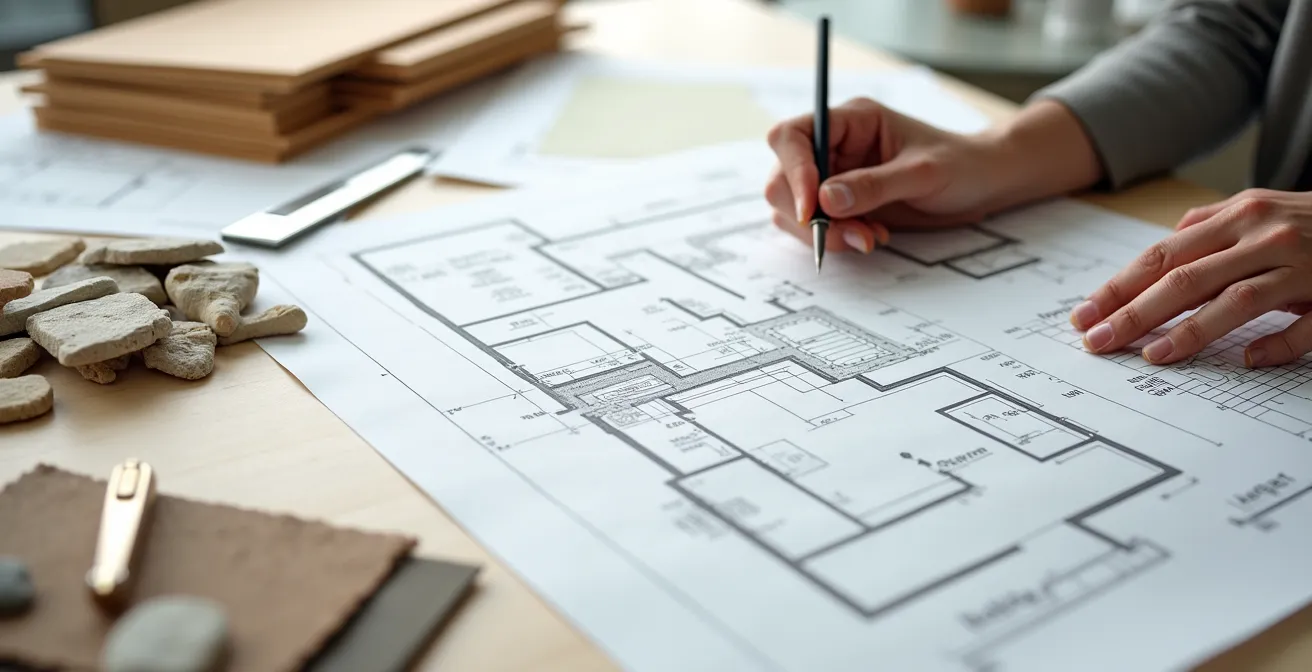 Bureau d'architecte d'intérieur avec plans techniques et échantillons de matériaux
