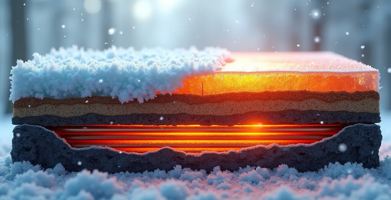 Vue en coupe du sol québécois montrant le système géothermique avec température stable à 8°C en profondeur