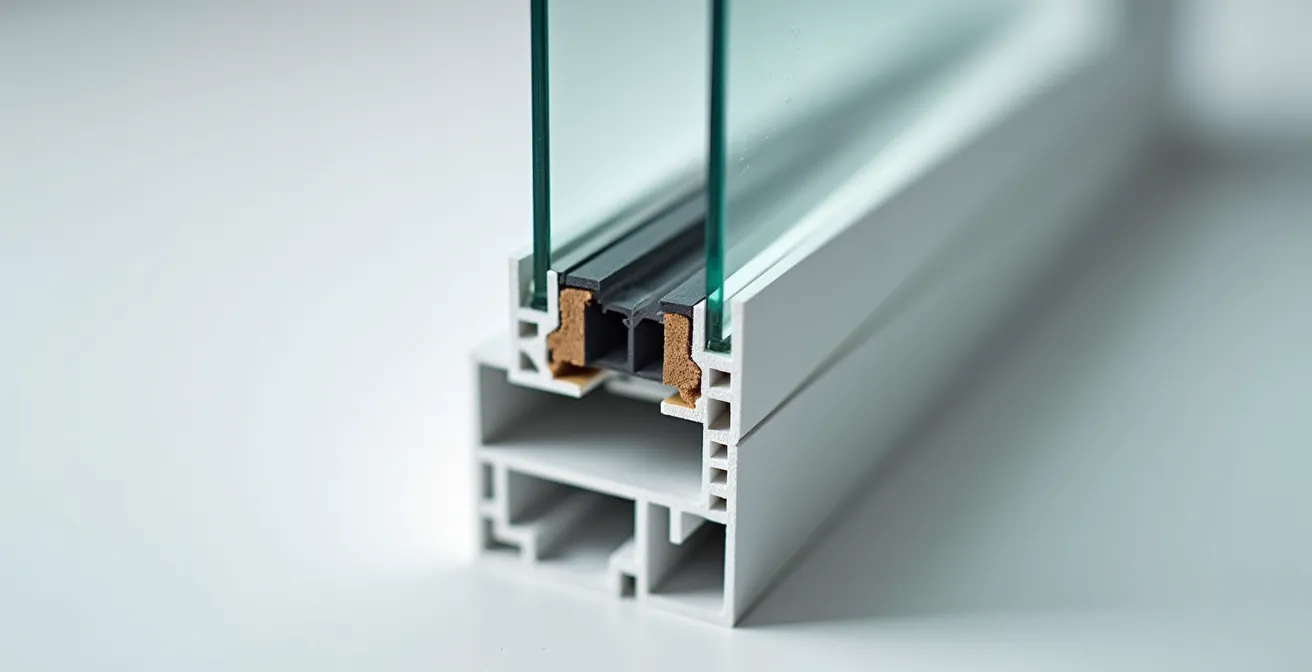 Vue macro détaillée d'un profilé de fenêtre PVC montrant les chambres d'air isolantes