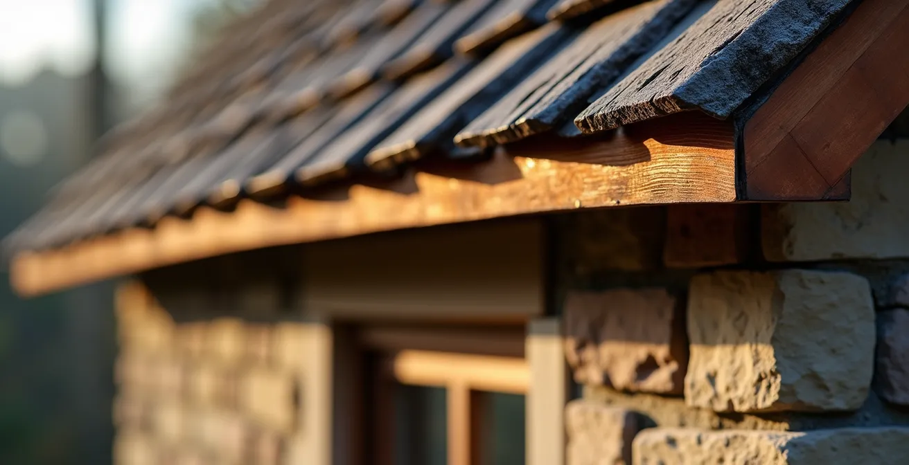 Vue macro détaillée d'une jonction entre toiture et mur en construction traditionnelle québécoise