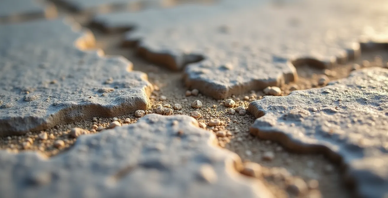 Vue macro d'un joint de mortier à la chaux traditionnel sur pierre calcaire québécoise