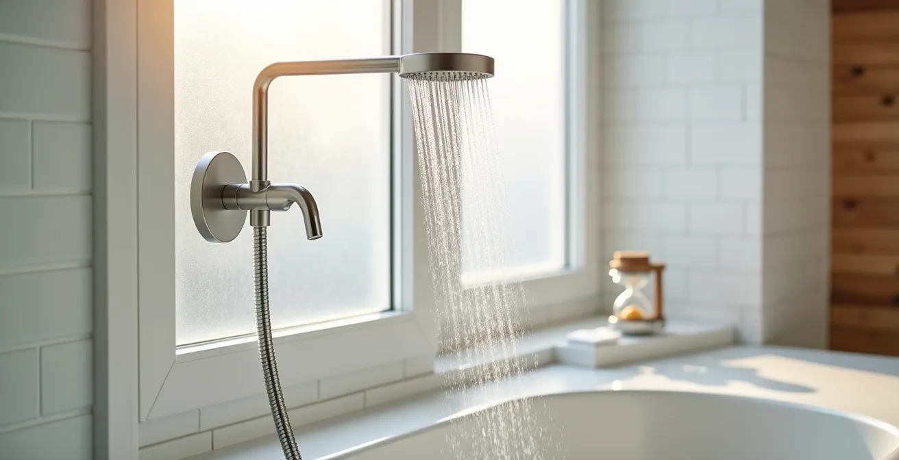 Salle de bain québécoise avec pomme de douche moderne et minuteur visible