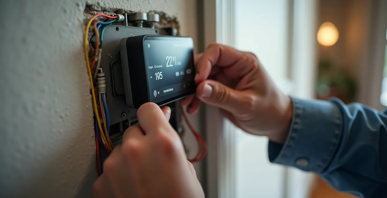 Électricien professionnel installant un thermostat intelligent dans une maison québécoise