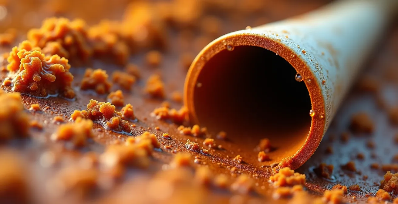Vue macro d'une cheminée d'accès de drain français avec dépôts d'ocre ferreuse