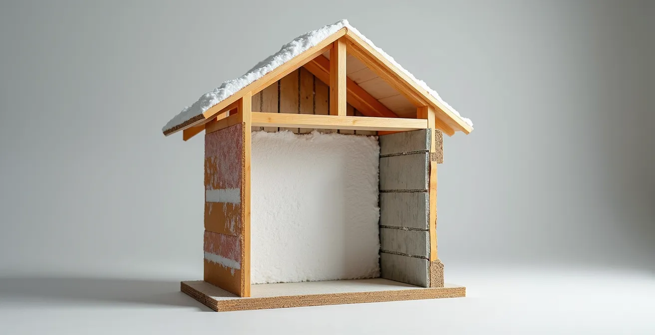 Coupe transversale d'un mur montrant les différentes couches de l'enveloppe du bâtiment