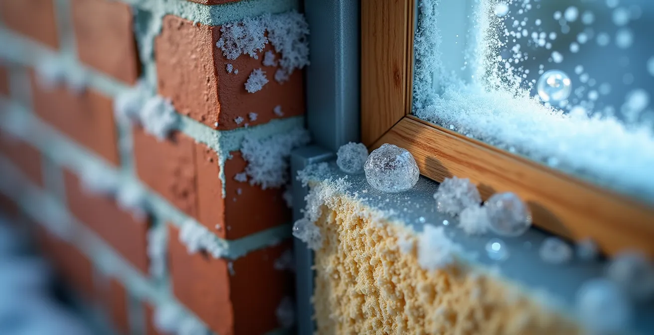 Coupe transversale d'un mur montrant le déplacement du point de rosée avec nouvelle fenêtre mais sans isolation