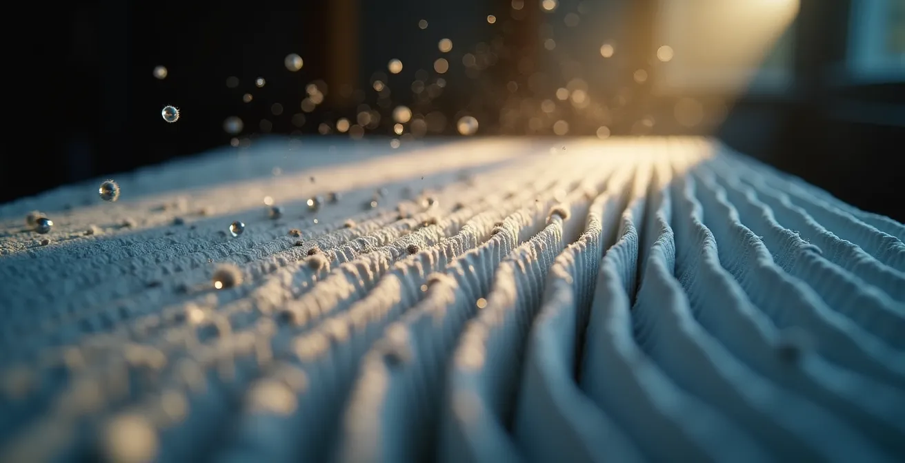 Gros plan sur un filtre MERV 13 avec ses plis denses captant des particules microscopiques visibles dans un rayon de lumière