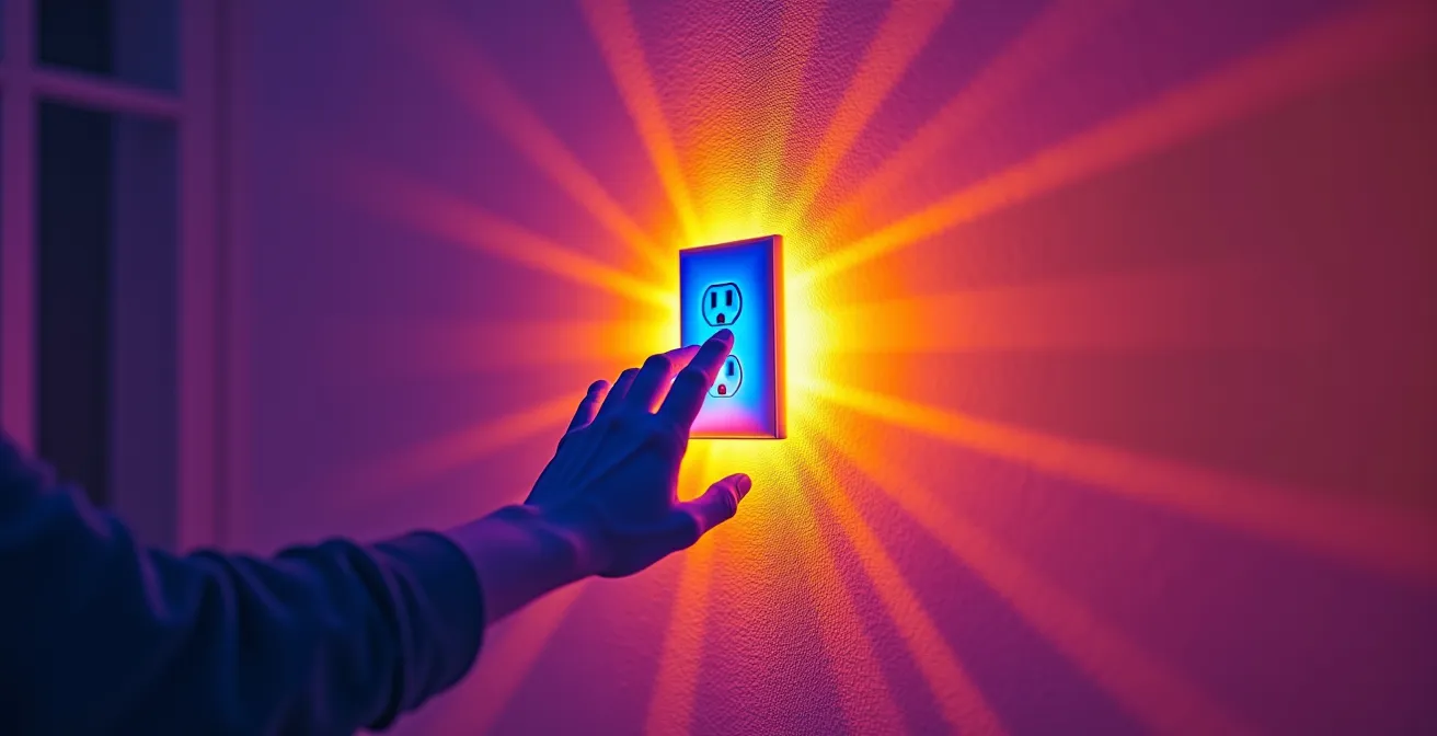 Image thermographique montrant le halo froid autour des prises électriques dans un mur mal isolé