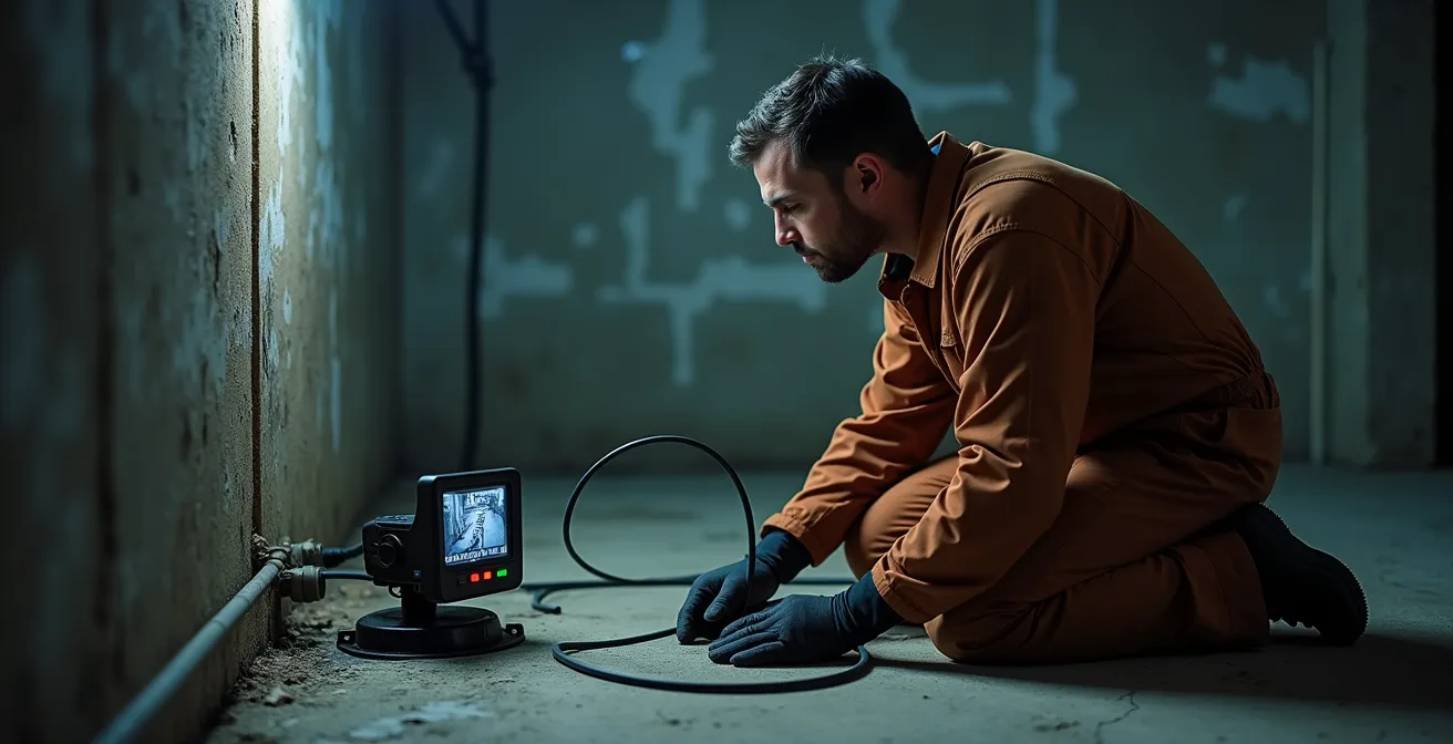 Technicien effectuant une inspection par caméra d'un drain français dans un sous-sol québécois