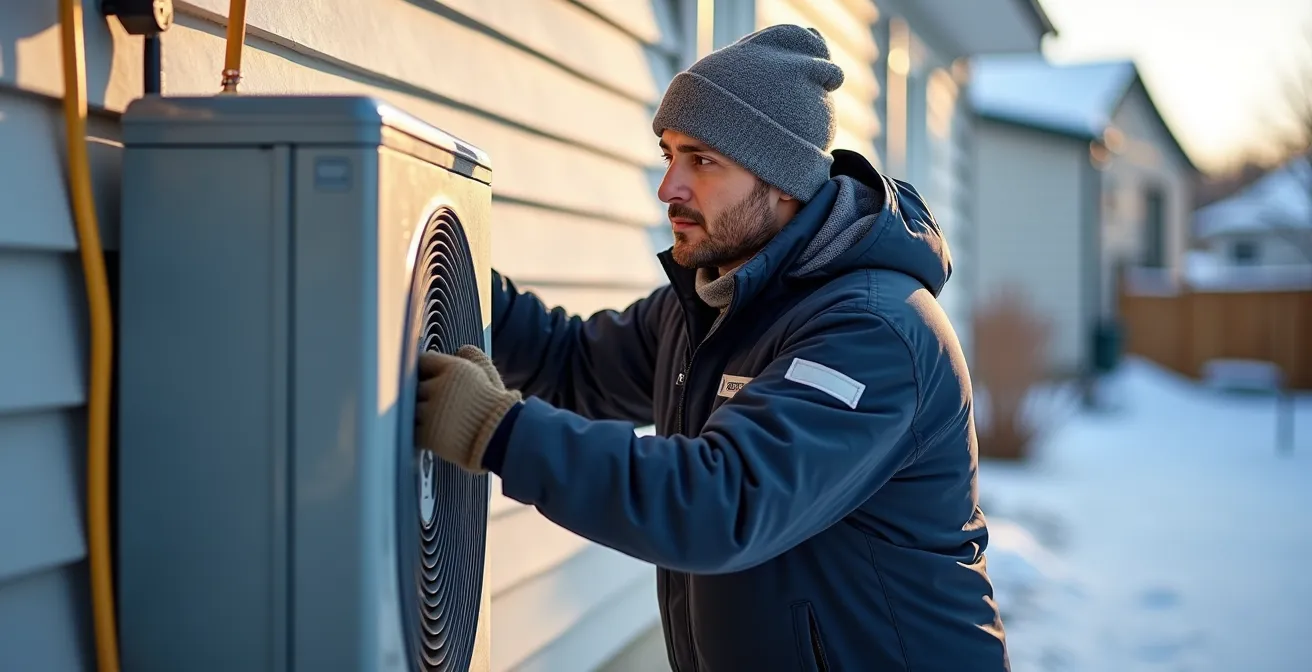 Technicien installant une thermopompe extérieure en hiver avec de la neige au Québec