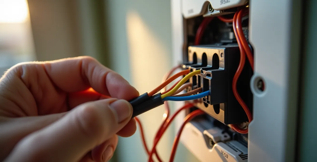 Gros plan sur des mains expertes manipulant les fils colorés d'un thermostat intelligent lors de l'installation