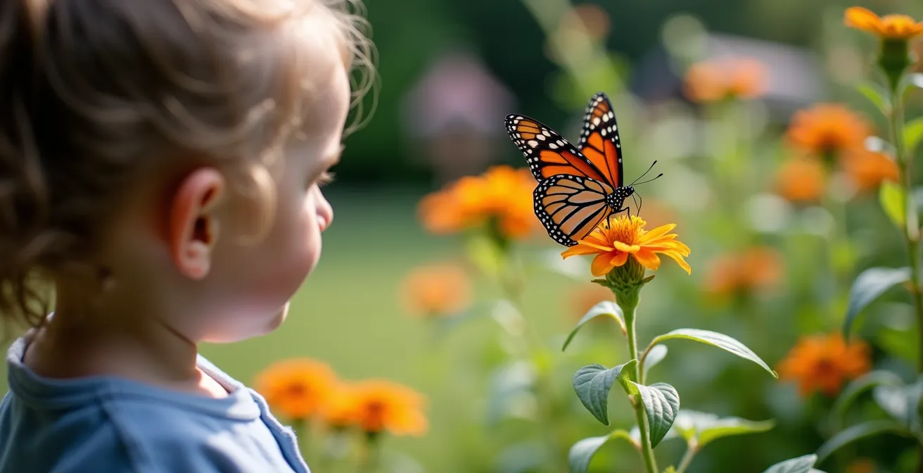 Jardin québécois aménagé pour la biodiversité avec papillon monarque sur asclépiade