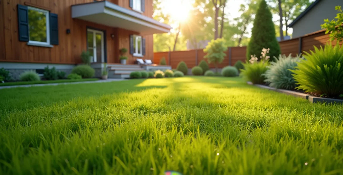 Jardin résidentiel québécois un an après l'installation géothermique montrant la pelouse parfaitement restaurée