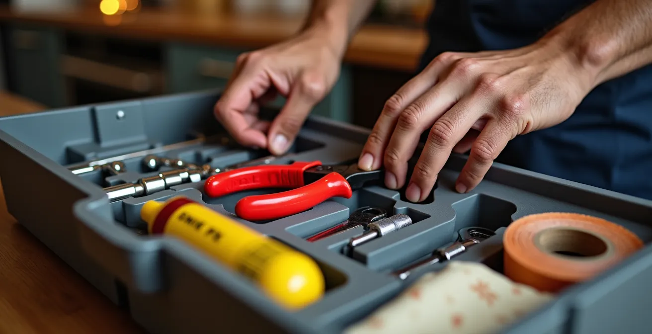 Vue plongeante d'une boîte à outils ouverte avec des outils d'urgence organisés méthodiquement, tenue par des mains soigneuses.