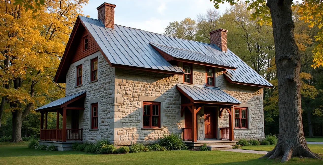 Maison patrimoniale québécoise en pierre avec toiture en tôle traditionnelle