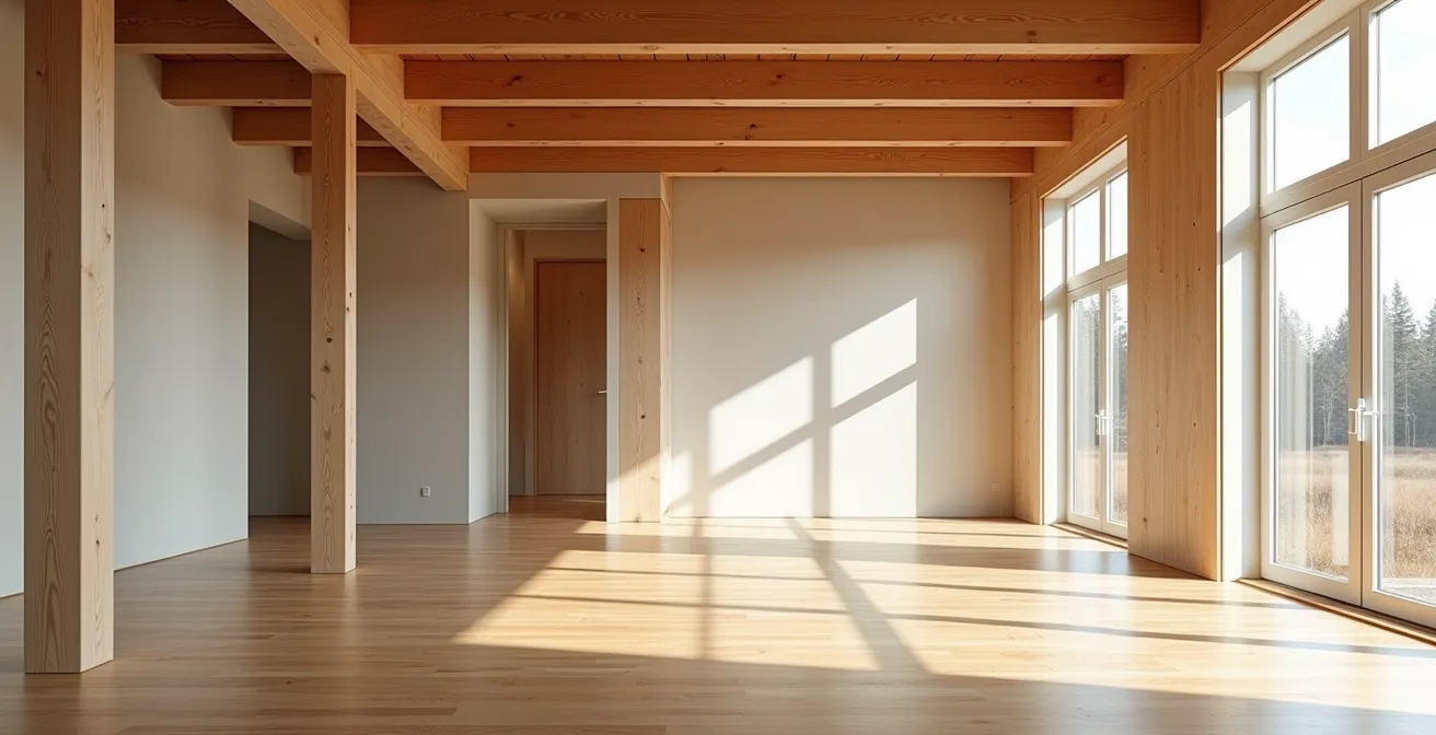 Intérieur d'une maison québécoise montrant un espace ouvert modulable avec poutres apparentes