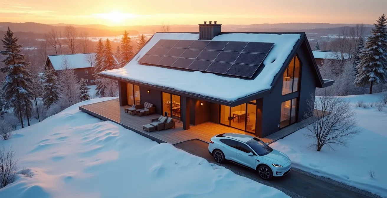 Vue aérienne d'une maison québécoise avec panneaux solaires et véhicule électrique connecté