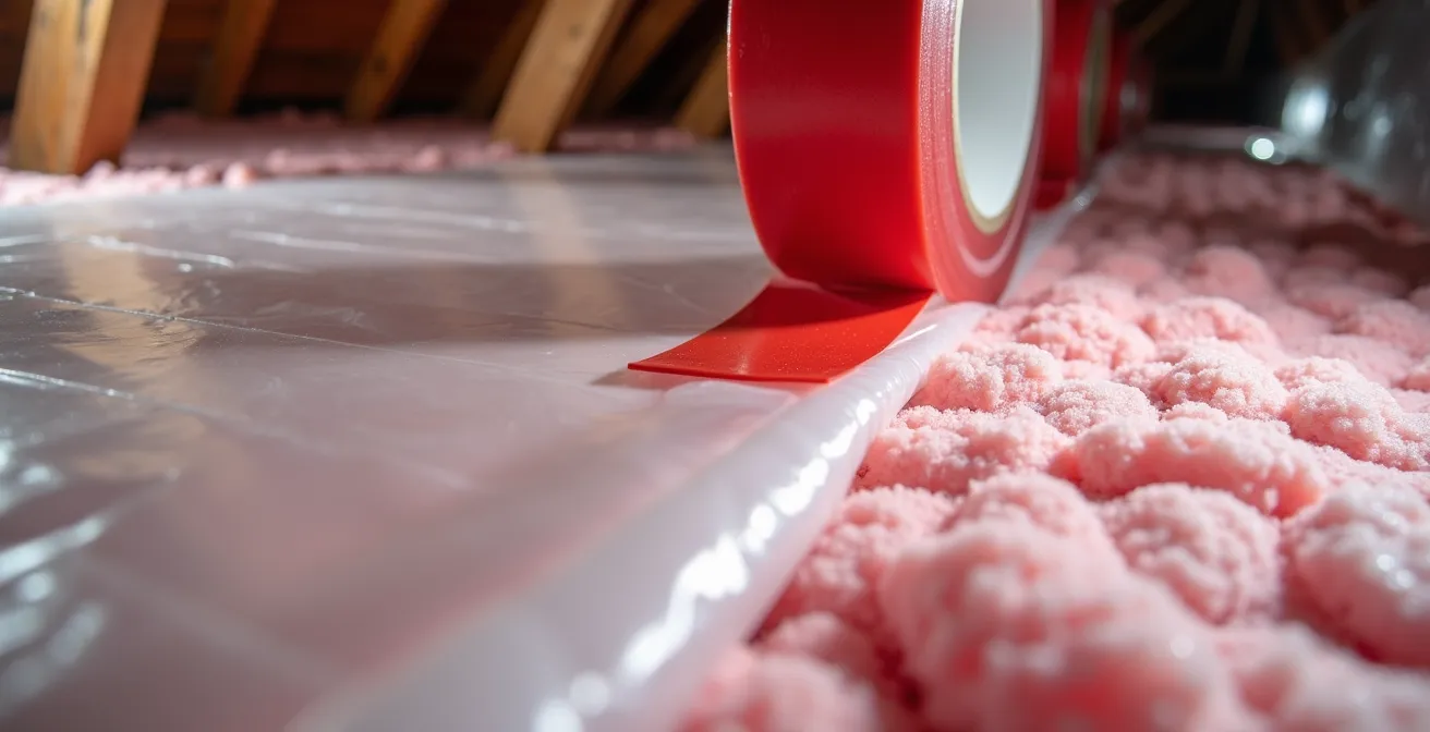 Installation d'un pare-vapeur rouge sur de la laine de verre dans une charpente québécoise