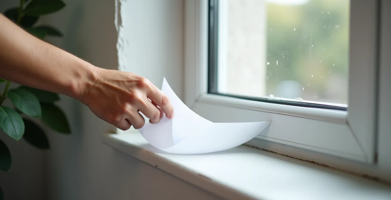 Main effectuant le test de la feuille de papier sur une fenêtre pour vérifier l'étanchéité