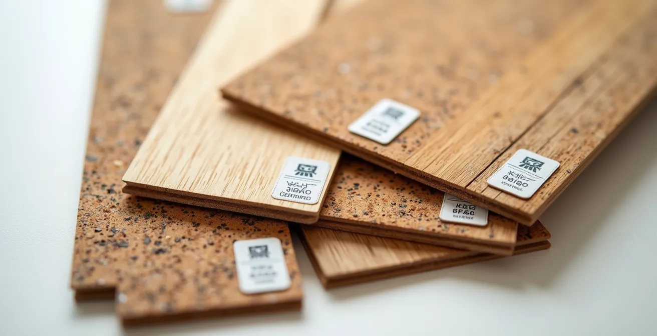 Gros plan sur des échantillons de planchers écologiques avec labels de certification visibles