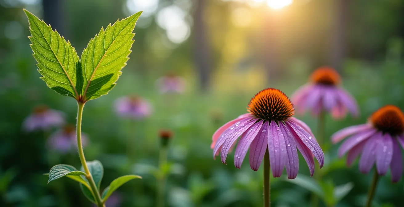 Gros plan sur amélanchier du Canada et échinacée pourpre structurant un jardin québécois