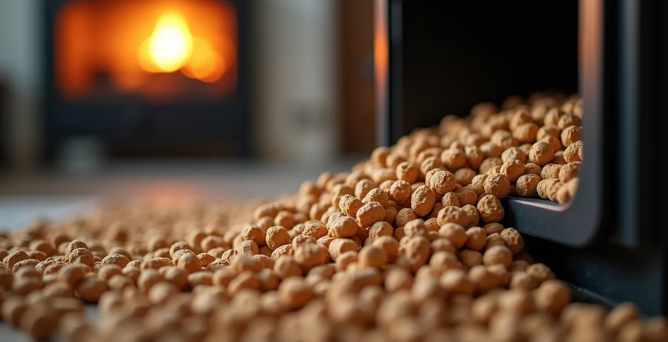 Poêle à granulés moderne dans un salon québécois avec vue sur les sacs de granulés stockés
