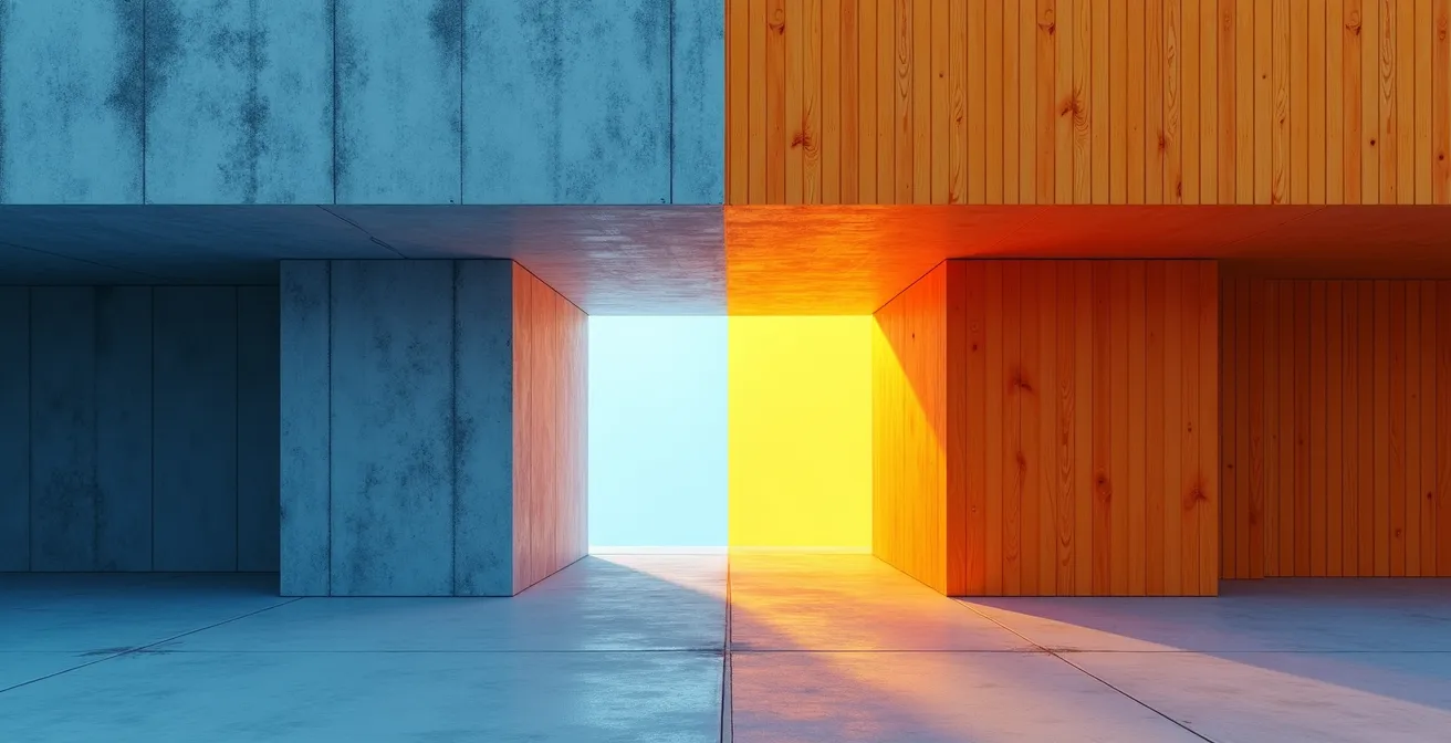 Vue en coupe montrant les ponts thermiques à la jonction entre le solage en béton et la structure en bois