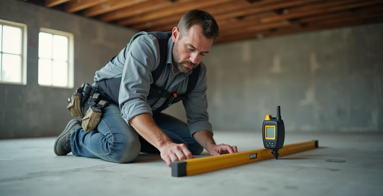 Vue en coupe d'une dalle de béton avec test d'humidité et nivellement en cours