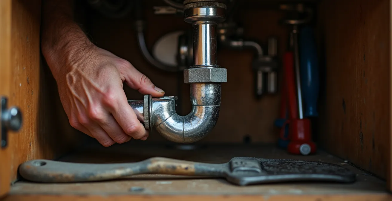 Mains d'artisan effectuant une réparation de plomberie sous un évier