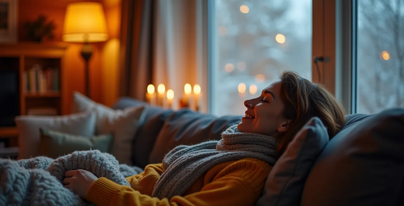Intérieur chaleureux d'une maison québécoise en hiver avec système de chauffage intelligent