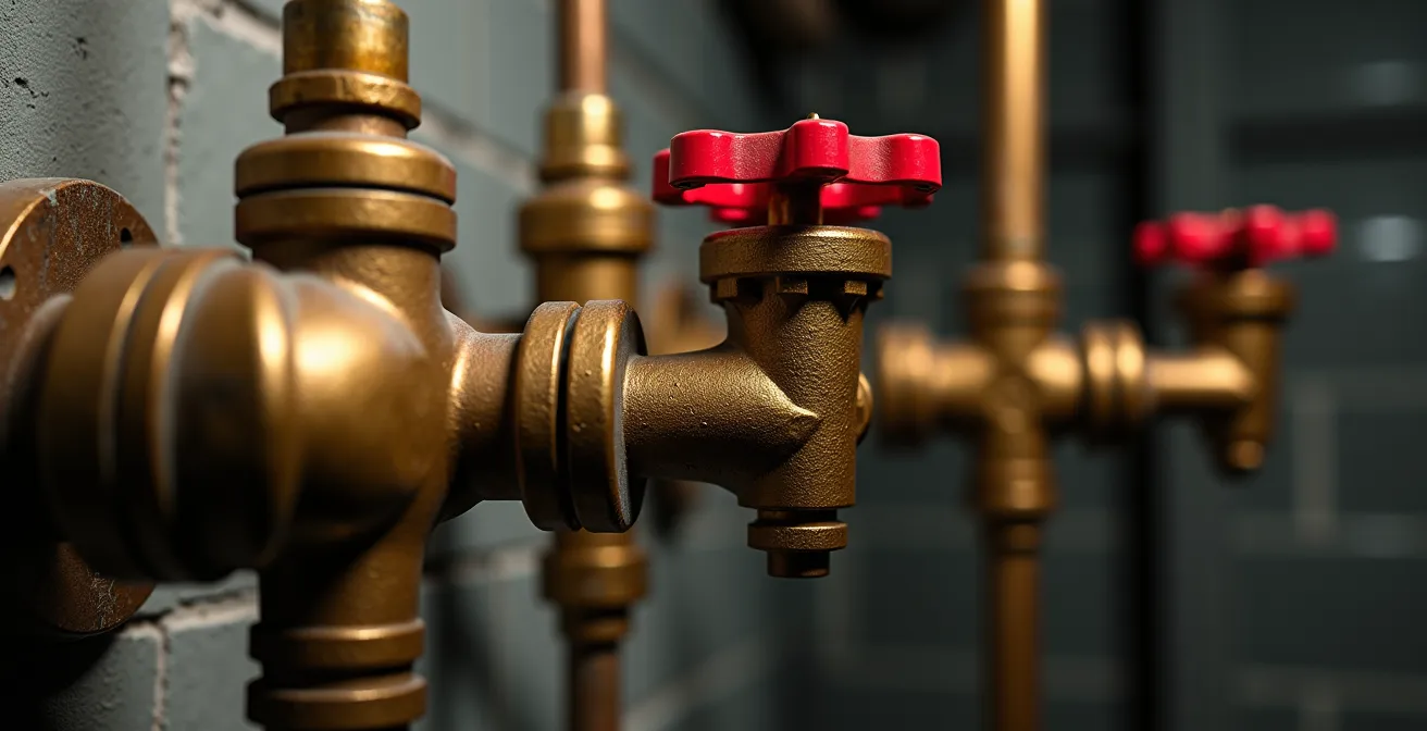 Schéma détaillé montrant l'emplacement des vannes d'arrêt dans une maison québécoise avec sous-sol