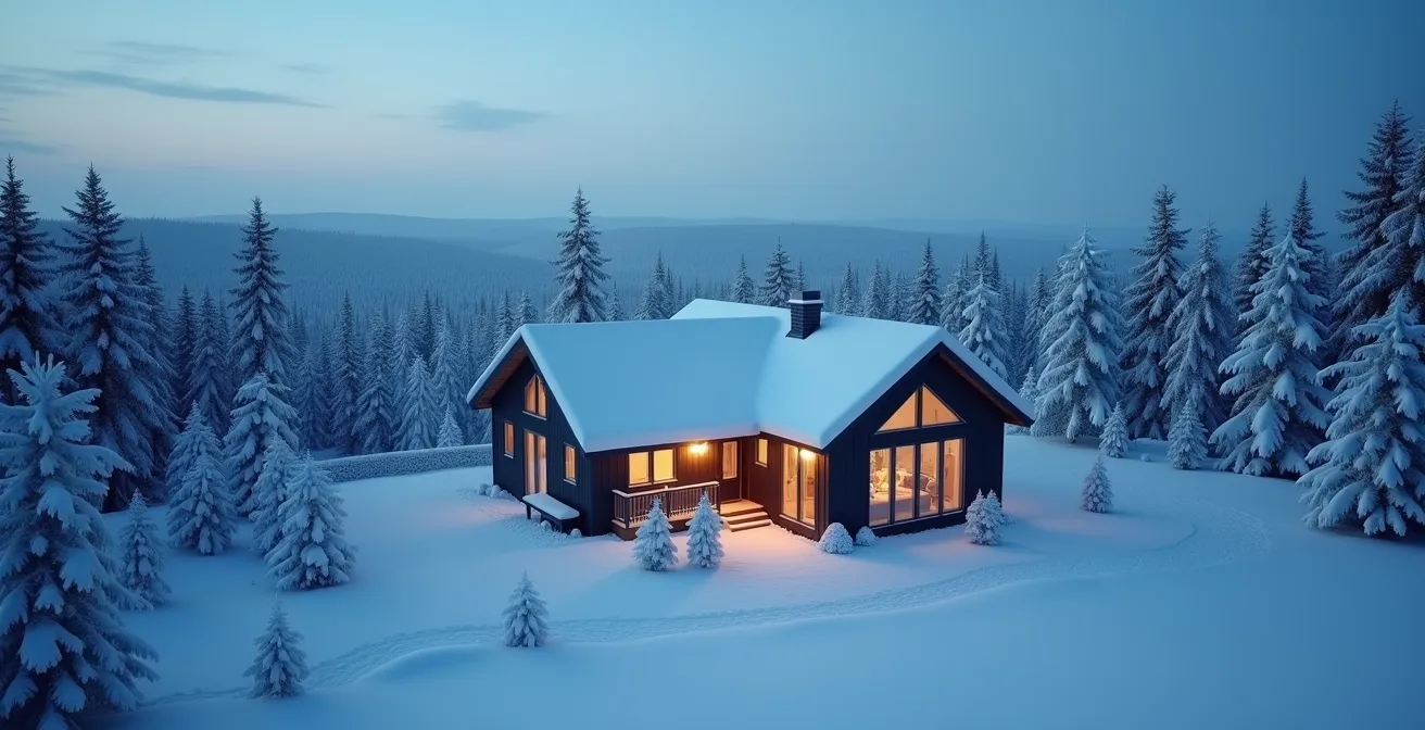 Vue aérienne minimaliste d'une maison québécoise isolée dans un paysage hivernal, symbolisant la protection de la vie privée