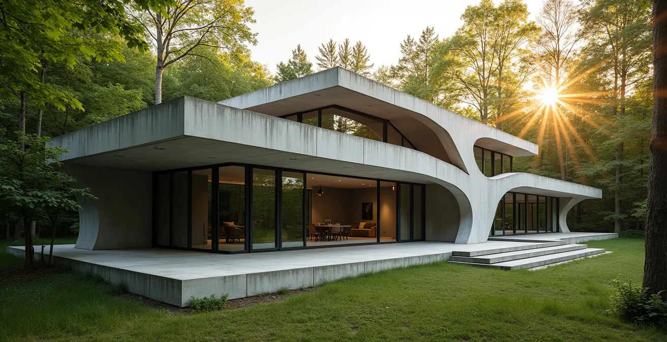 Structure architecturale en béton aux lignes épurées dans un environnement naturel québécois