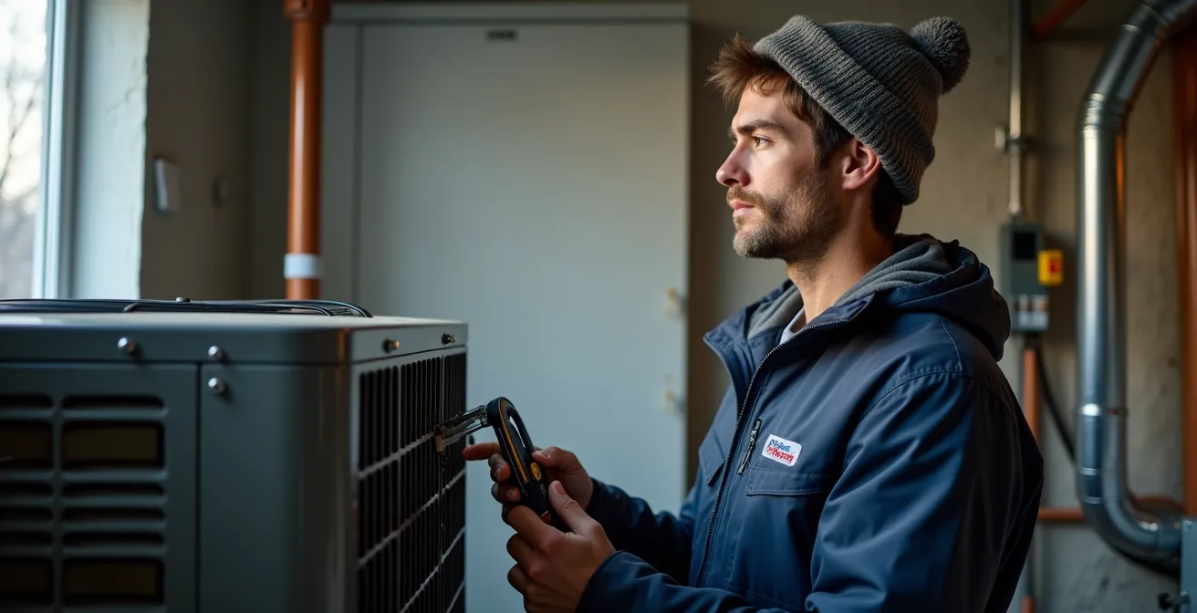 Technicien professionnel effectuant l'entretien d'une thermopompe dans une maison québécoise