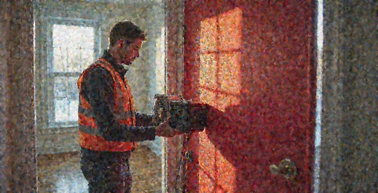 Installation d'une porte soufflante pour test d'infiltrométrie dans une maison québécoise