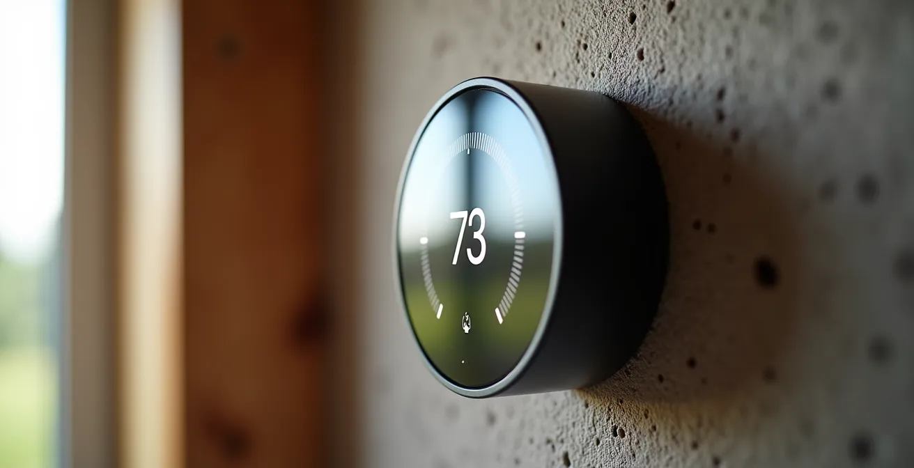 Gros plan sur un thermostat intelligent Ecobee installé dans une maison québécoise