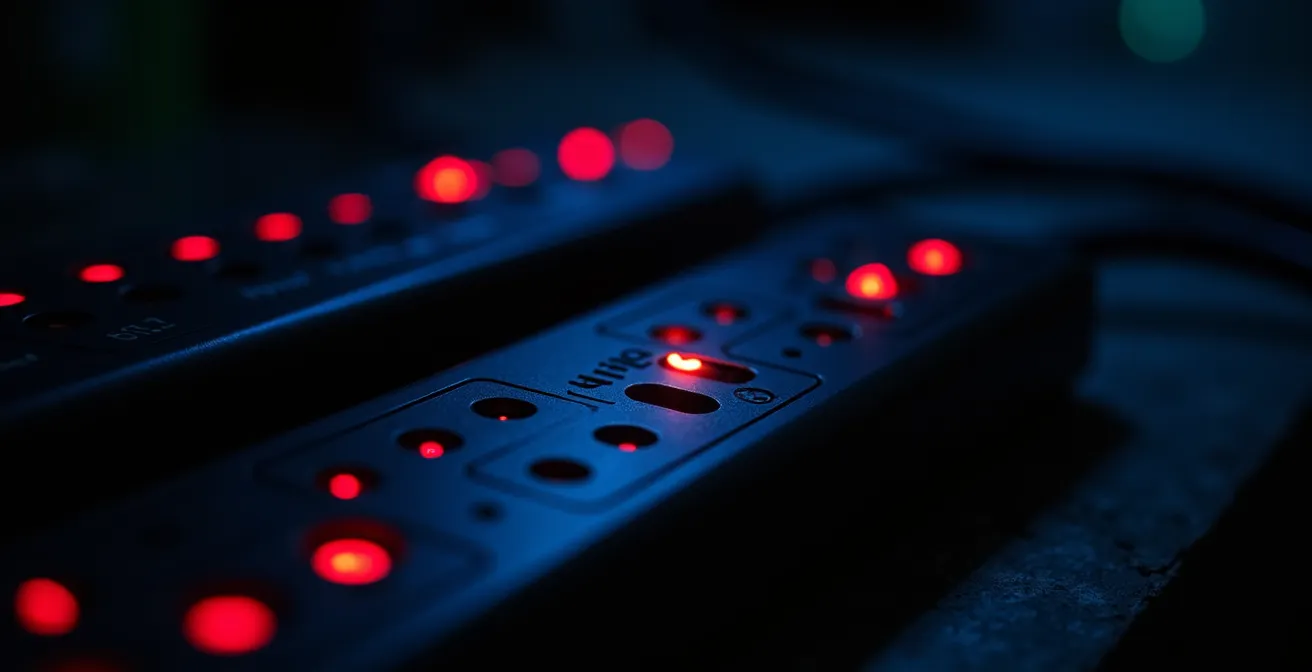 Vue macro de prises électriques multiples avec diodes LED allumées dans l'obscurité