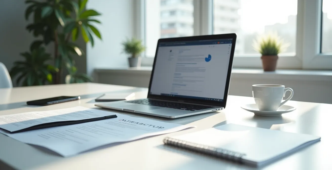 Vue minimaliste d'un bureau avec documents officiels flous et ordinateur montrant une recherche en ligne dans un environnement épuré