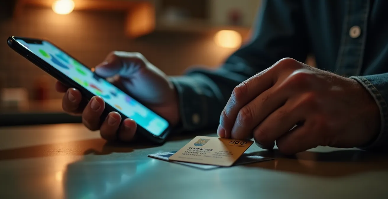 Gros plan sur des mains tenant un smartphone affichant un écran flou avec une carte de licence RBQ posée sur une table, dans une ambiance d'urgence nocturne.
